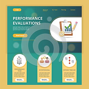 Performance evaluations flat landing page website template. Performance team, interpersonal, defined timeline. Web