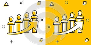 Performance icon in comic style. Career vector cartoon illustration on white isolated background. People with arrow business