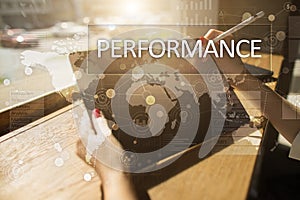 Performance indicator on virtual screen. KPI. Business growth strategy.