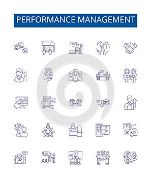 Performance management line icons signs set. Design collection of Auditing, Assessing, Coaching, Evaluating, Goal