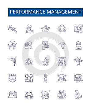Performance management line icons signs set. Design collection of Auditing, Assessing, Coaching, Evaluating, Goal