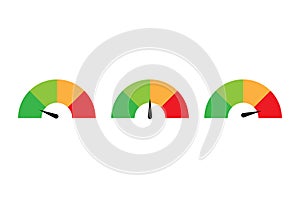 Performance meter icons. Indicator gauges set. Status dashboard dials. Vector illustration. EPS 10.