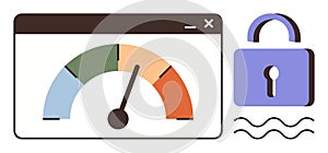 Performance Meter and Padlock Representing Security and Optimization