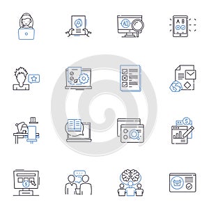 Performance metrics line icons collection. Evaluation, Analysis, KPIs, Scorecard, Metrics, Measurements, Analytics