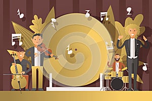 Performance people musicians in suits, vector illustration. Men character play classical music on musical instruments