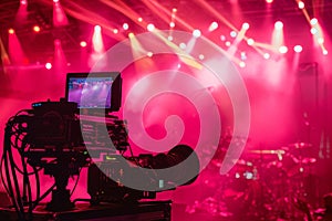 performance. pink and red stage lights illuminate live concert and video camera