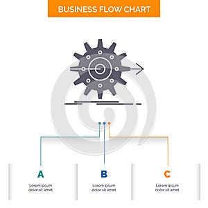 performance, progress, work, setting, gear Business Flow Chart Design with 3 Steps. Glyph Icon For Presentation Background