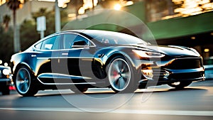 Fast ev Electric car speed cruise in Los Angeles city, Sunset boulevard, motion blur, panning shot photo