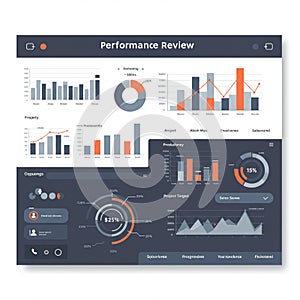 Performance review dashboard featuring various charts and graphs. Includes bar
