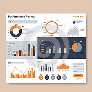 Performance review dashboard featuring various data visualizations. Includes pie