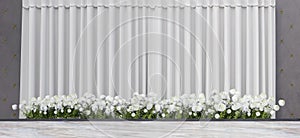 performance stage backdrop background wedding scene decorated with white flowers 3d illustration