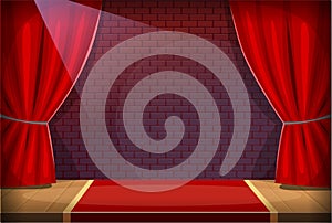 Performance stage in a bar or a club with red curtains and spotlight