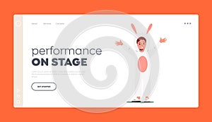 Performance on Stage Landing Page Template. Child in Funny Costume of Rabbit, Little Girl or Boy Wear Suit of Bunny