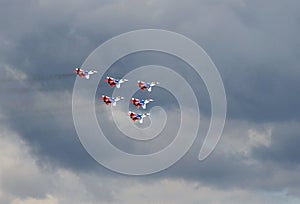 Performance of the Swifts aerobatic team on multi-purpose highly maneuverable MiG-29 fighters over the Myachkovo airfield photo