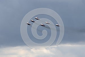 Performance of the Swifts aerobatic team on multi-purpose highly maneuverable MiG-29 fighters over the Myachkovo airfield photo