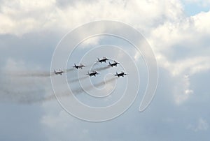 Performance of the Swifts aerobatic team on multi-purpose highly maneuverable MiG-29 fighters over the Myachkovo airfield photo