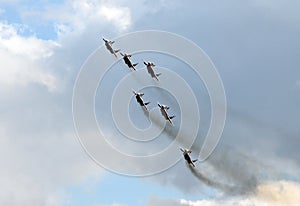 Performance of the Swifts aerobatic team on multi-purpose highly maneuverable MiG-29 fighters over the Myachkovo airfield photo