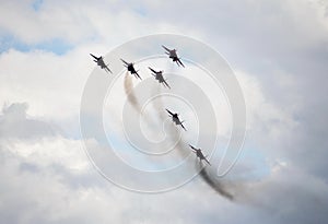 Performance of the Swifts aerobatic team on multi-purpose highly maneuverable MiG-29 fighters over the Myachkovo airfield photo