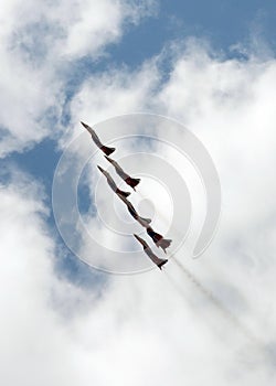 Performance of the Swifts aerobatic team on multi-purpose highly maneuverable MiG-29 fighters over the Myachkovo airfield photo