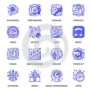 Performance web flat line icons set. Pack outline pictogram