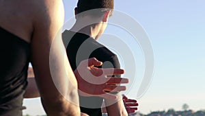 The performance of Wing Chun between masters near the river. Slowly