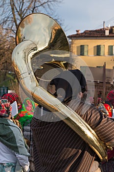 Performer in Band with Brass Sousaphone