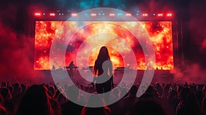 A performer on a festival stage singing under a giant light-up screen with the crowd below photo