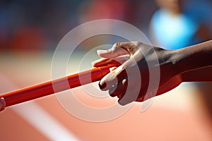 A performer holds a baton close-up as they participate in a lively and energetic display, Close-up of a baton pass in a relay race