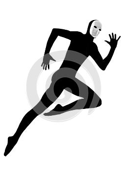 Performer mime with mask running jumping