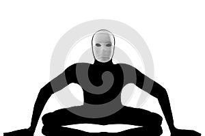Performer mime with mask stretching flexibility
