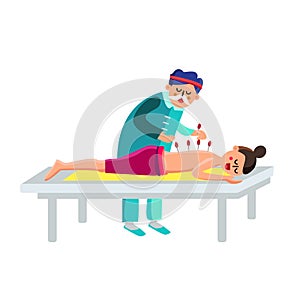 Performing Acupuncture Therapy Woman Character Vector Illustration