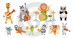Performing animal musician party. Funny animals play music concert. Musical instruments, cartoon wildlife musicians, zoo