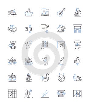 Performing arts line icons collection. Theater, Music, Dance, Acting, Stage, Improv, Comedy vector and linear photo