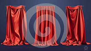 Performing arts stage red curtain with folds. Realistic modern illustration set of close and open opera stage cloth