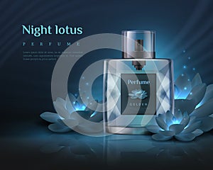 Perfume ad. Realistic fragrance glass bottle mockup, perfume luxury product advertisement. Vector aroma water ad