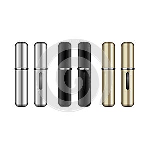 Perfume atomizer mock up. Vector realistic compact silver, black, gold spray case for fragrance with place for your logo