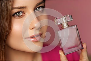 Perfume, beauty product and cosmetics model face portrait on pink background, beautiful woman holding fragrance bottle