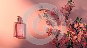 Perfume and blooming pink branches on a pink background