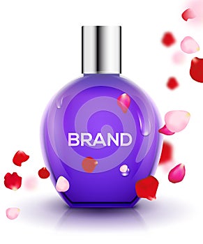 Perfume bottle background with rose petals. Fragrance pink cosmetic floral bottle design product mockup