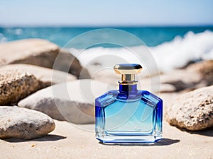 Perfume bottle on the beach. Vacation,