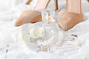 perfume bottle for bride and groom. Beauty of wedding accessories indoors