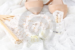 perfume bottle for bride and groom. Beauty of wedding accessories indoors