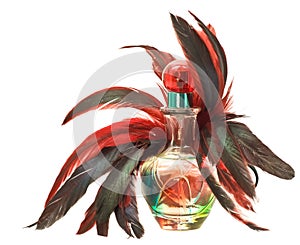 Perfume bottle with feathers