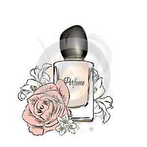 Perfume bottle and flowers.