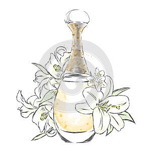 Perfume bottle and flowers.