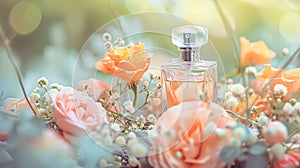 Perfume bottle in flowers, fragrance on blooming background, floral scent and cosmetic product