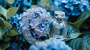 Perfume bottle in flowers, fragrance on blooming background, floral scent and cosmetic product