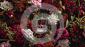 Perfume bottle in flowers, fragrance on blooming background, floral scent and cosmetic product