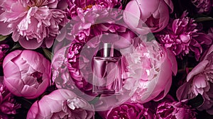 Perfume bottle in flowers, fragrance on blooming background, floral scent and cosmetic product