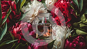 Perfume bottle in flowers, fragrance on blooming background, floral scent and cosmetic product